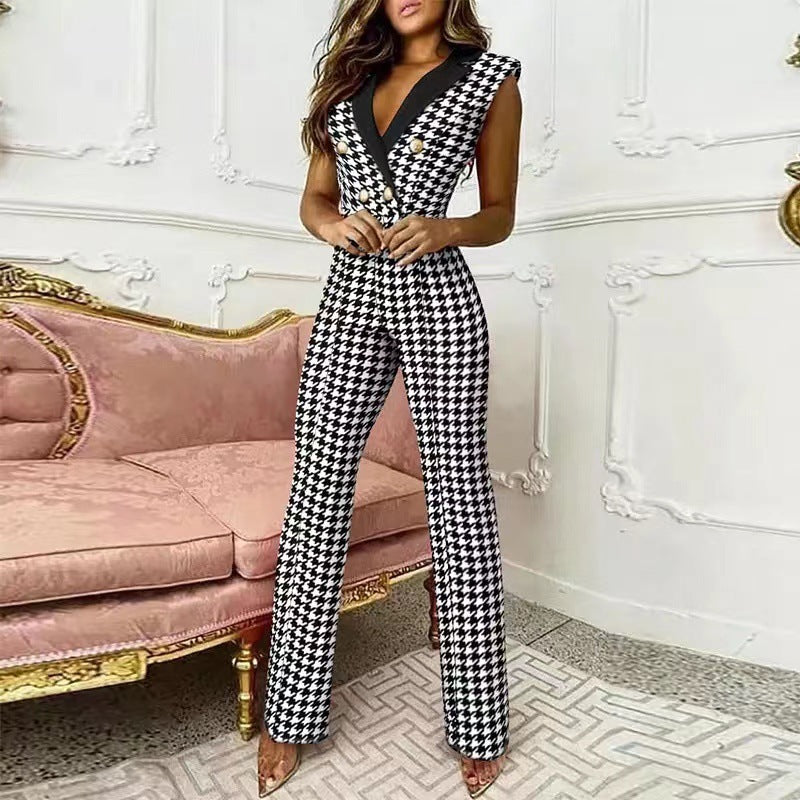 V-Ausschnitt Houndstooth Jumpsuit – Eleganter Business Look für Damen